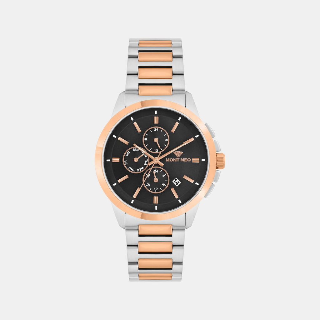 Men Quartz Black Dial Multi-Function Stainless Steel Watch G1051M-M1304