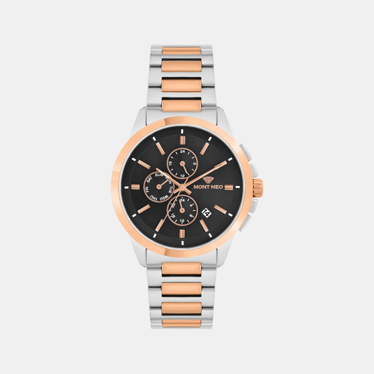 Men Quartz Black Dial Multi-Function Stainless Steel Watch G1051M-M1304