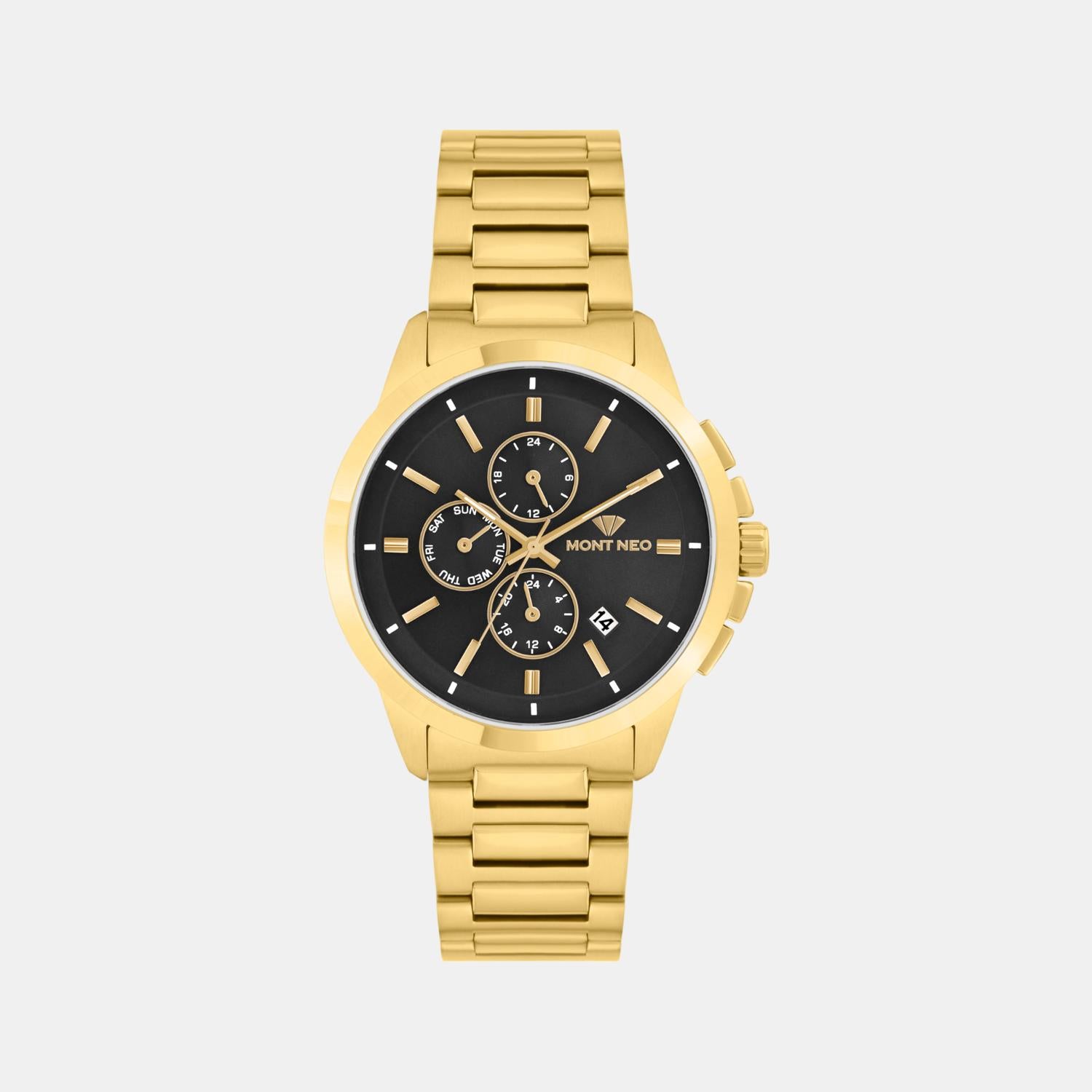 Men Quartz Black Dial Multi-Function Stainless Steel Watch G1051M-M2204