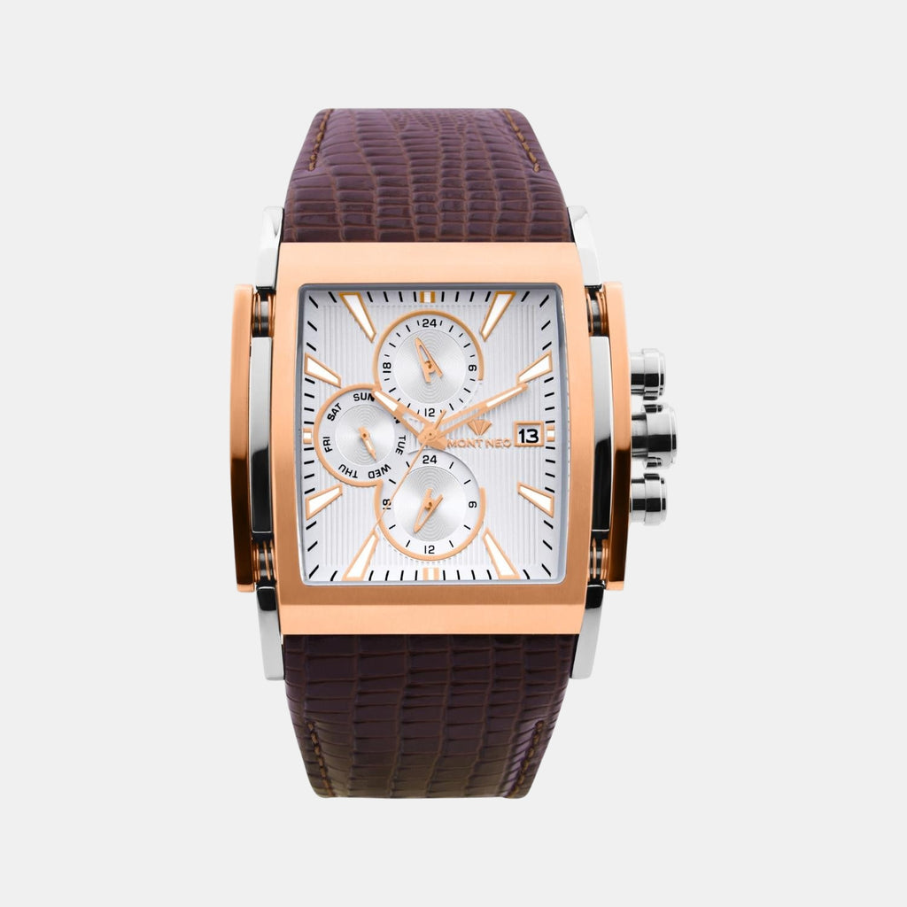 Men Quartz Silver Dial Multi-Function Leather Watch G1057M-L1303