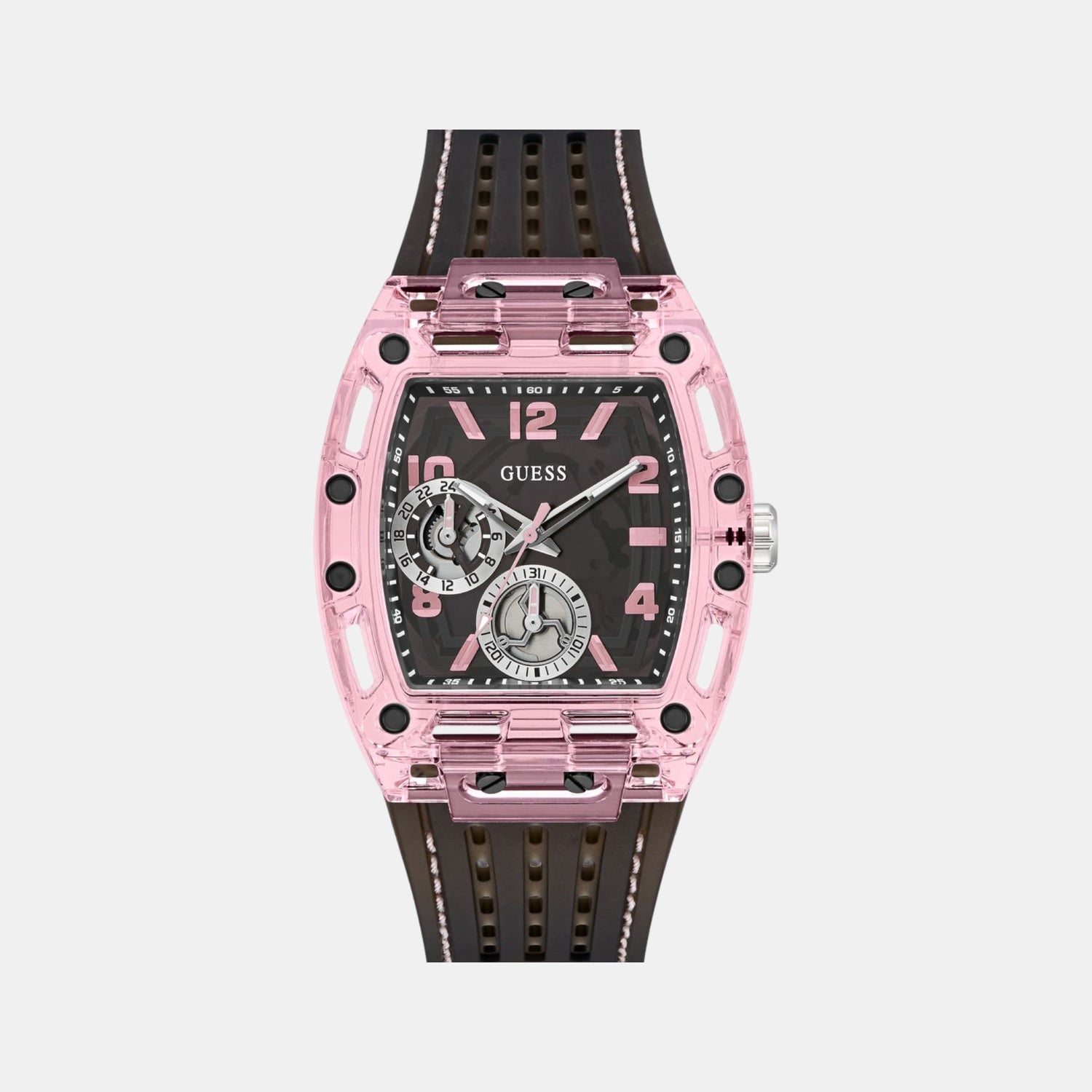 Sporting Pink Men Quartz Black Dial Multi-Function Silicone Watch GW0032G3
