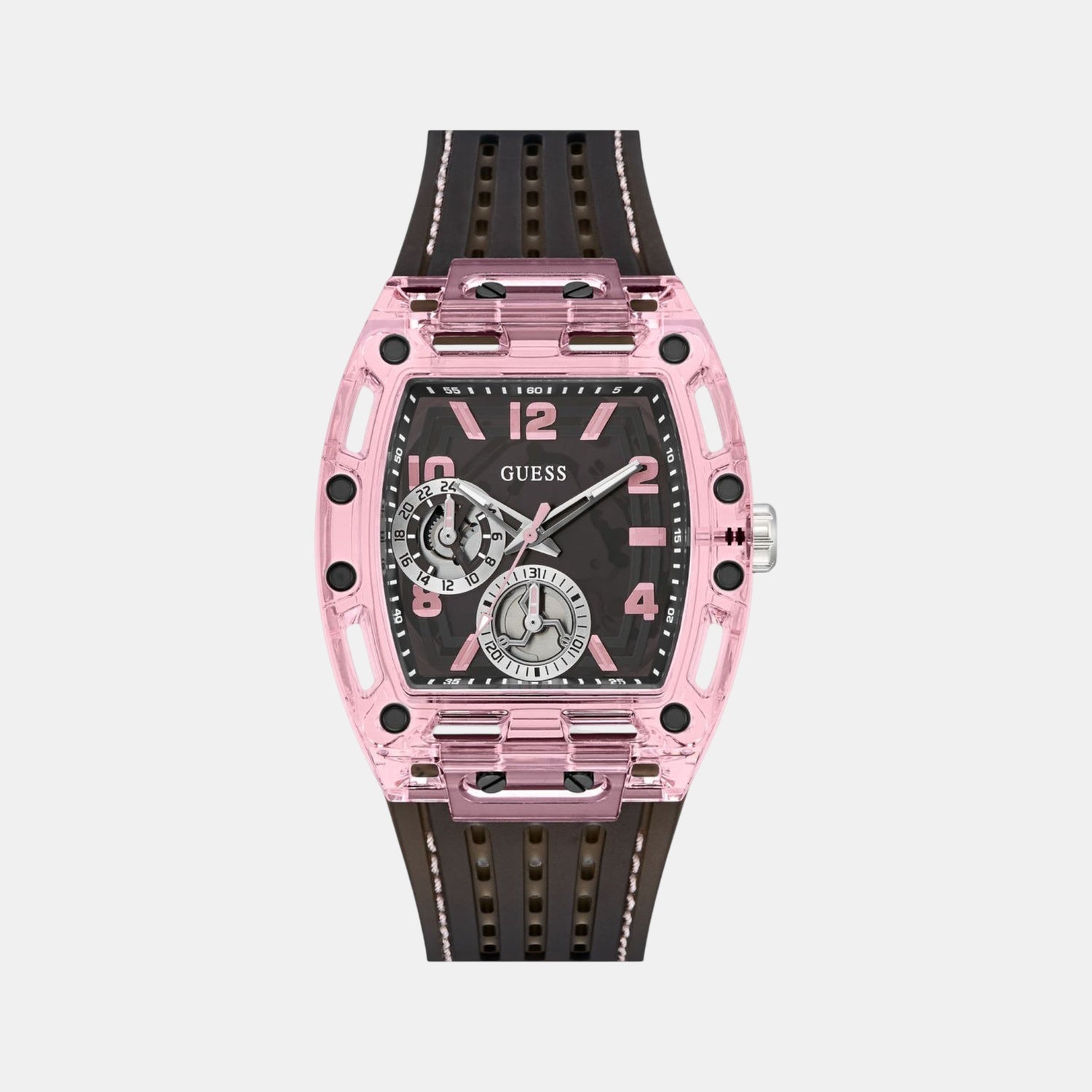 Sporting Pink Men Quartz Black Dial Multi-Function Silicone Watch GW0032G3
