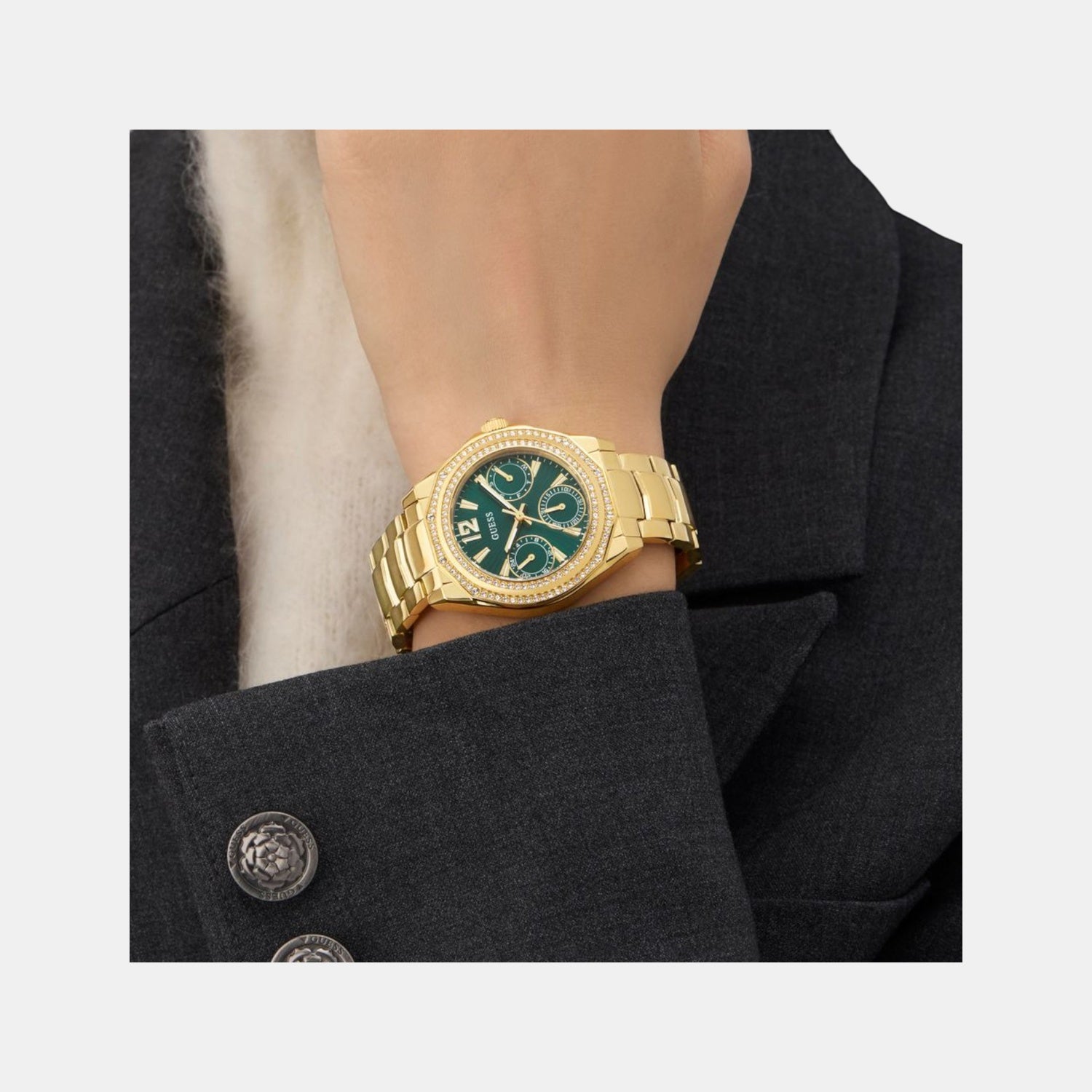 Ritzy Women Quartz Green Dial Multi-Function Recycled Steel Watch GW0685L5