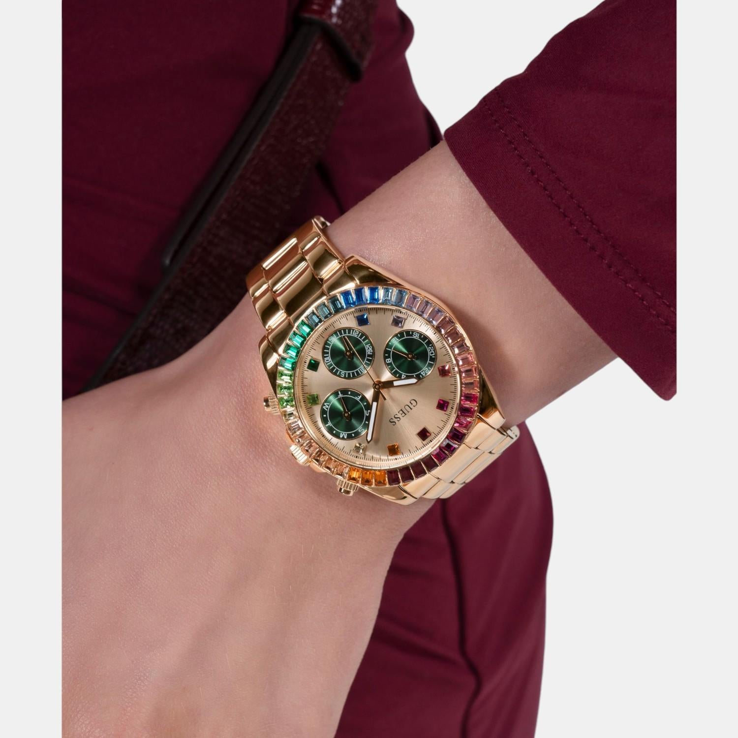 Trend Women Quartz Champagne Dial Multi-Function Stainless Steel Watch GW0690L4