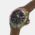 Men Quartz Black Dial Multi-Function Leather Watch GW0701G5