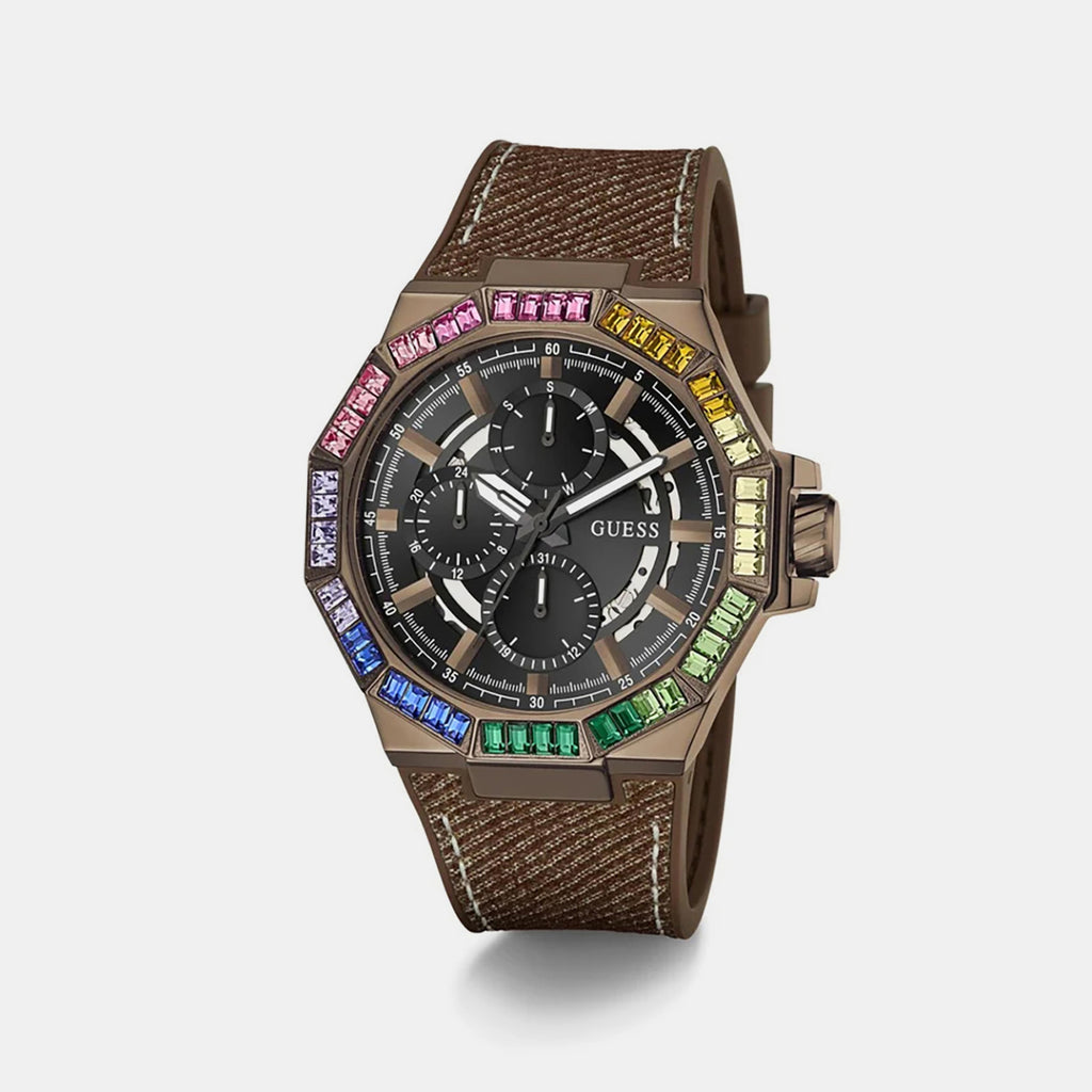Men Quartz Black Dial Multi-Function Leather Watch GW0701G5