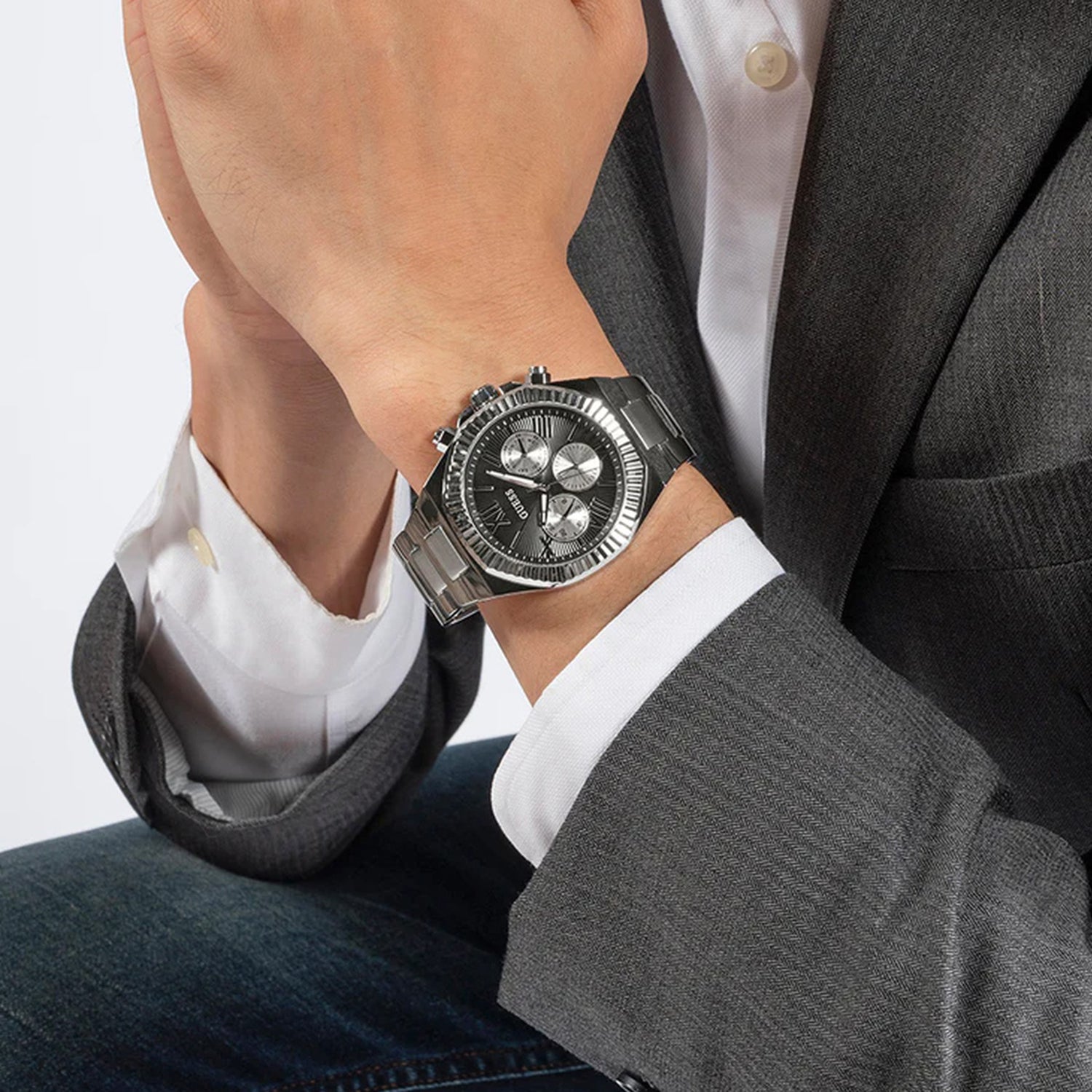 Dress Men Quartz Black Dial Multi-Function Stainless Steel Watch GW0703G1