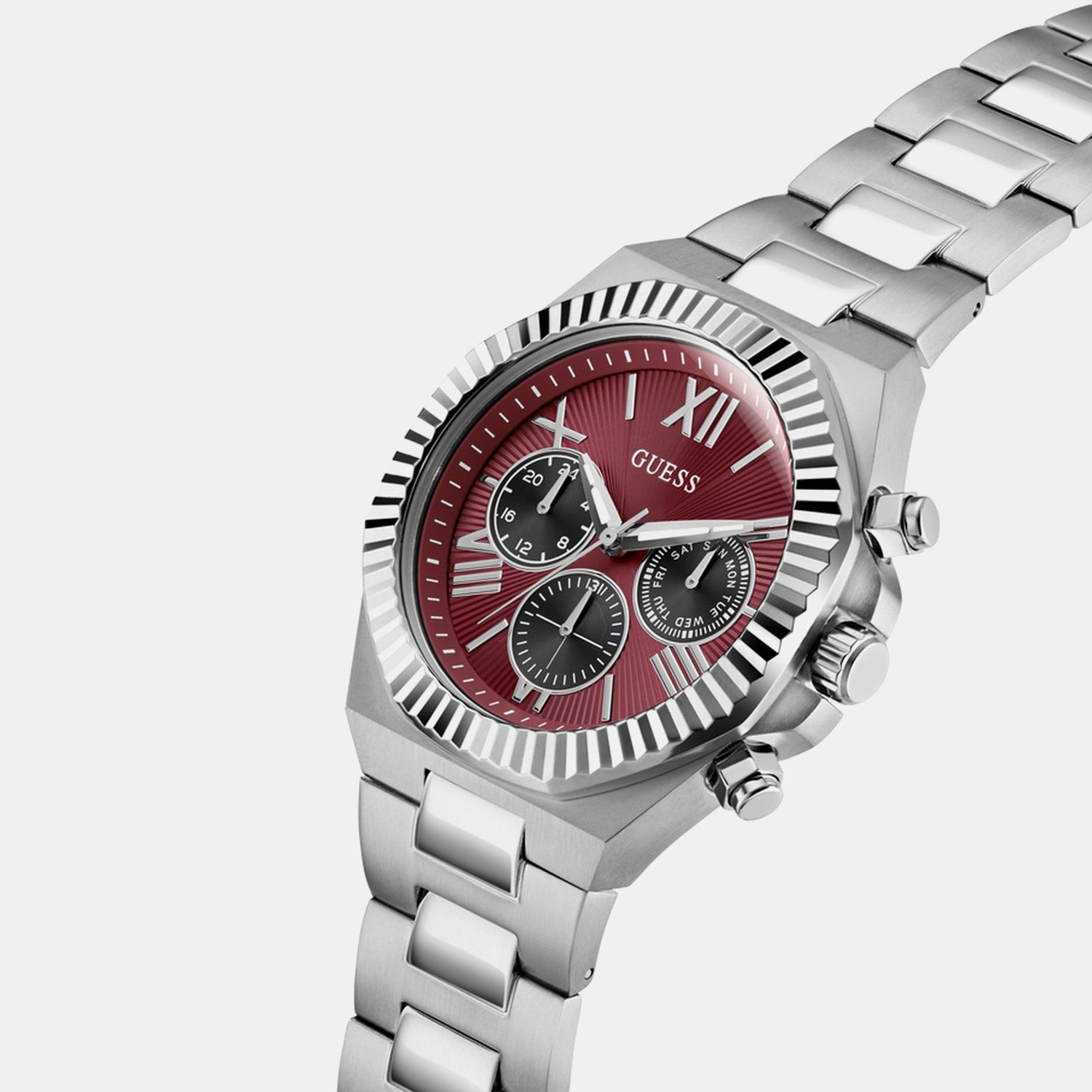 Men Quartz Red Dial Multi-Function Stainless Steel Watch GW0703G7
