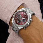 Men Quartz Red Dial Multi-Function Stainless Steel Watch GW0703G7