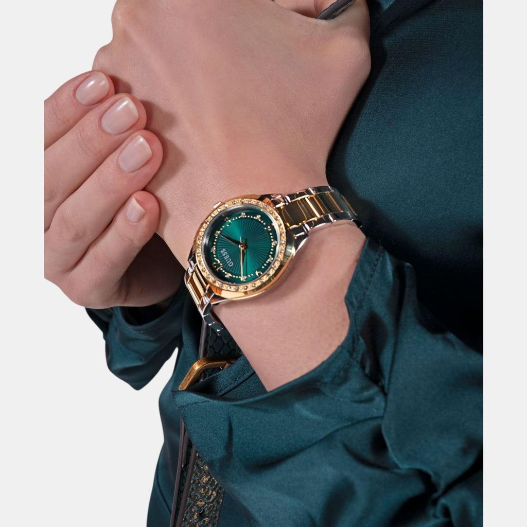 Dress Women Quartz Green Dial Analog Stainless Steel Watch GW0767L4