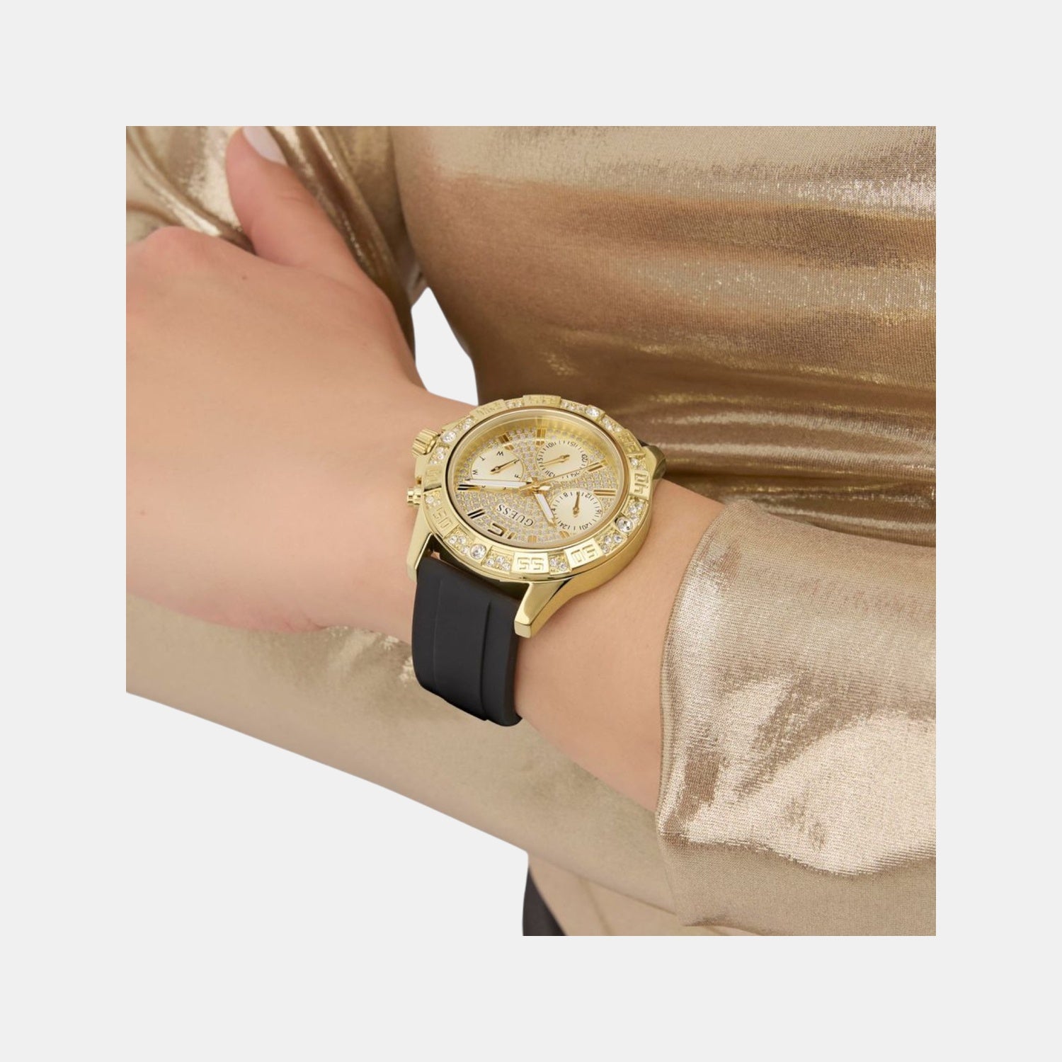 Majesty Women Quartz Champagne Dial Multi-Function Silicone Watch GW0772L5