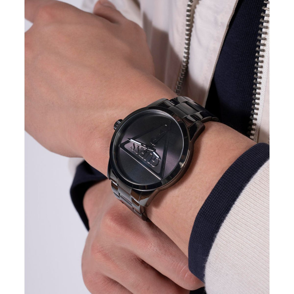 Badge Men Quartz Black Dial Analog Stainless Steel Watch GW0782G2