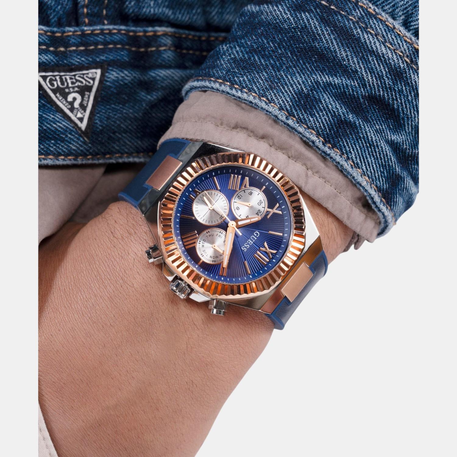 Dress Men Quartz Blue Dial Multi-Function Silicone Watch GW0791G2