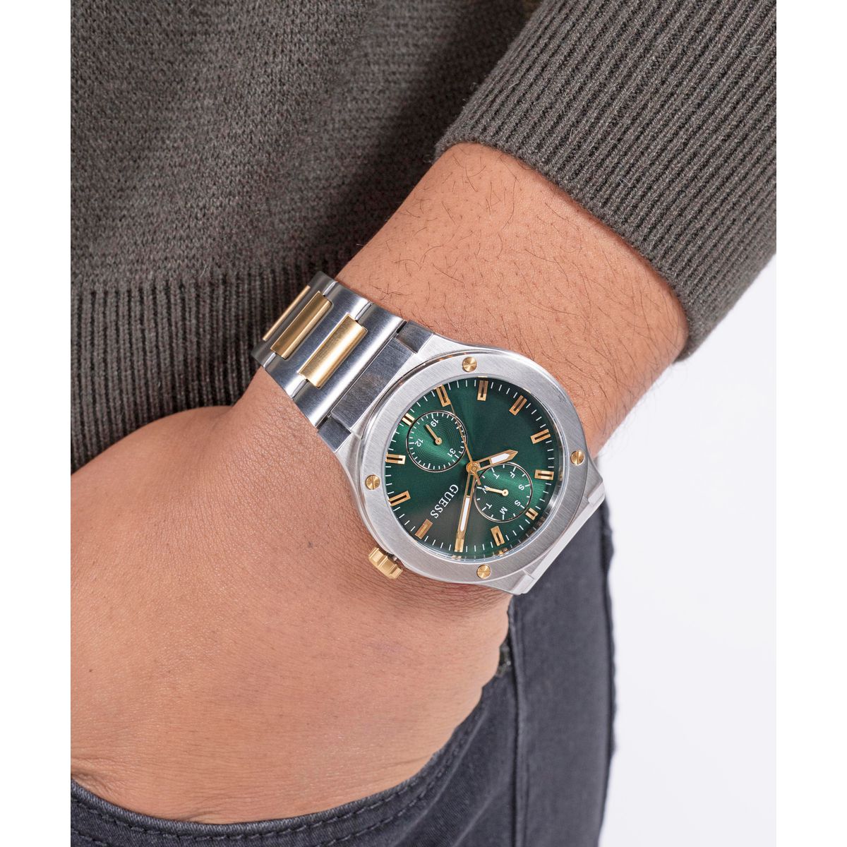 Dress Men Quartz Green Dial Multi-Function Stainless Steel Watch GW0795G1