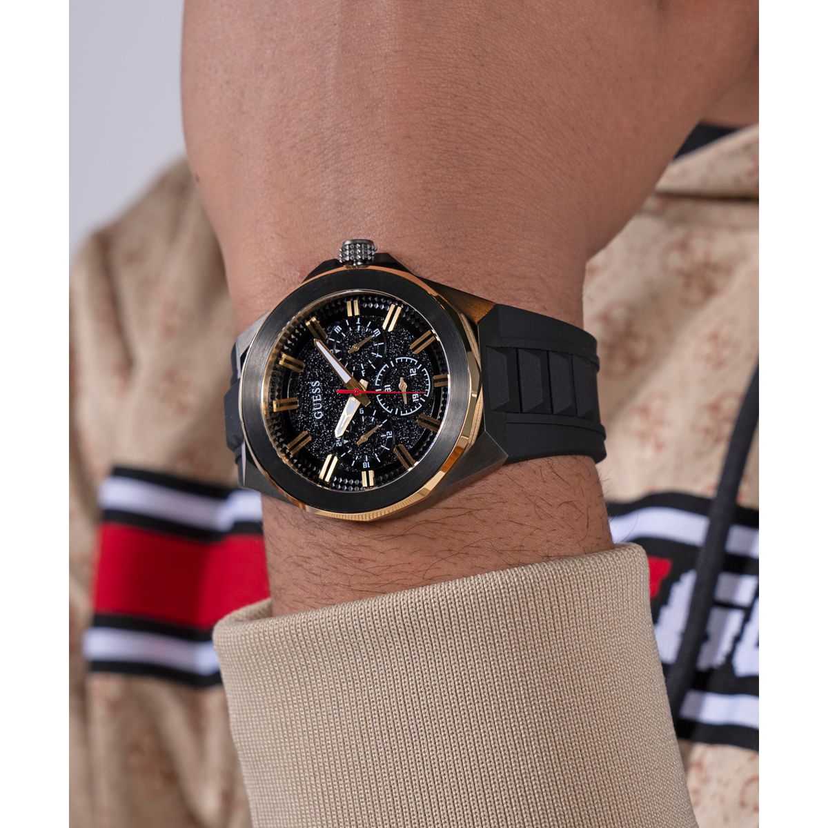 Sport Men Quartz Black Dial Multi-Function Silicone Watch GW0799G1