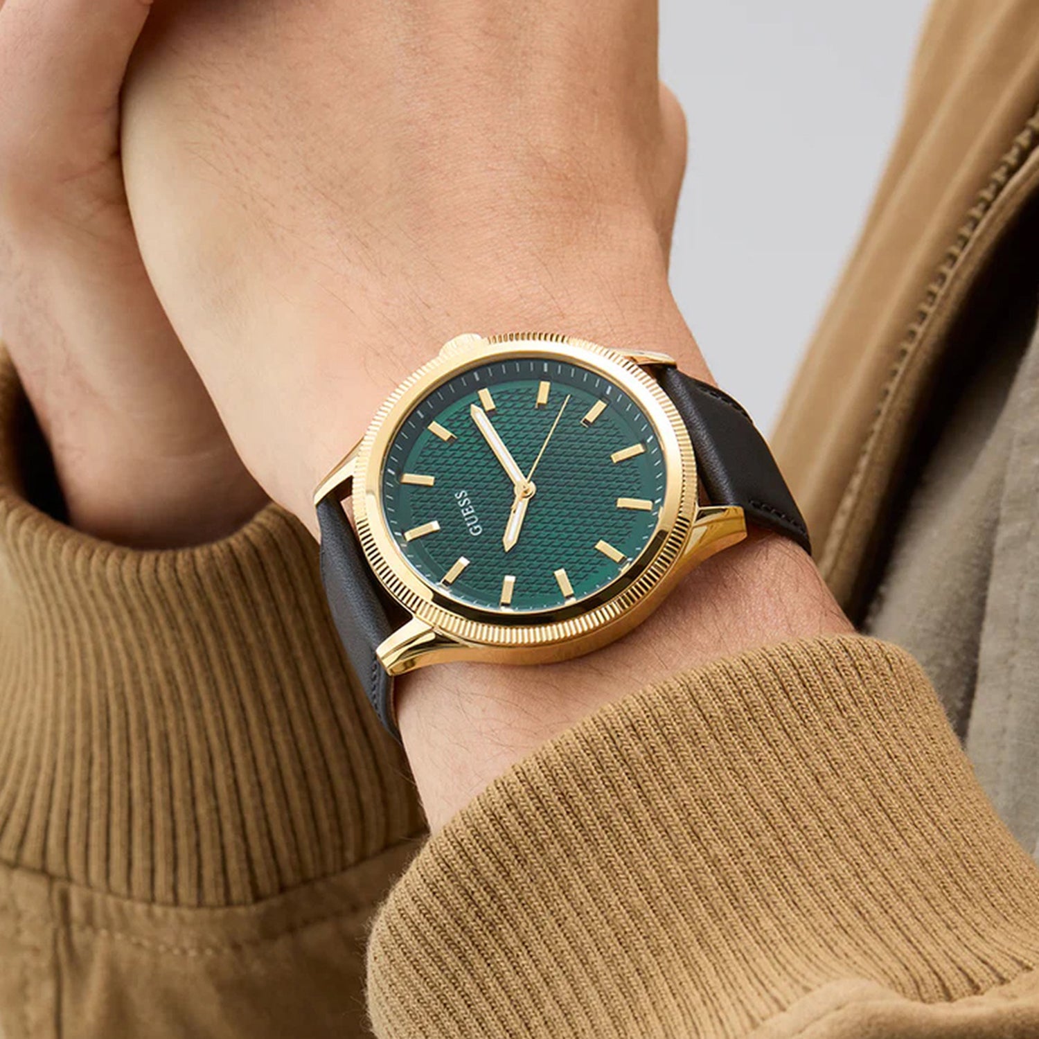 Guess Dress Men Quartz Green Dial Analog Leather Watch GW0846G1