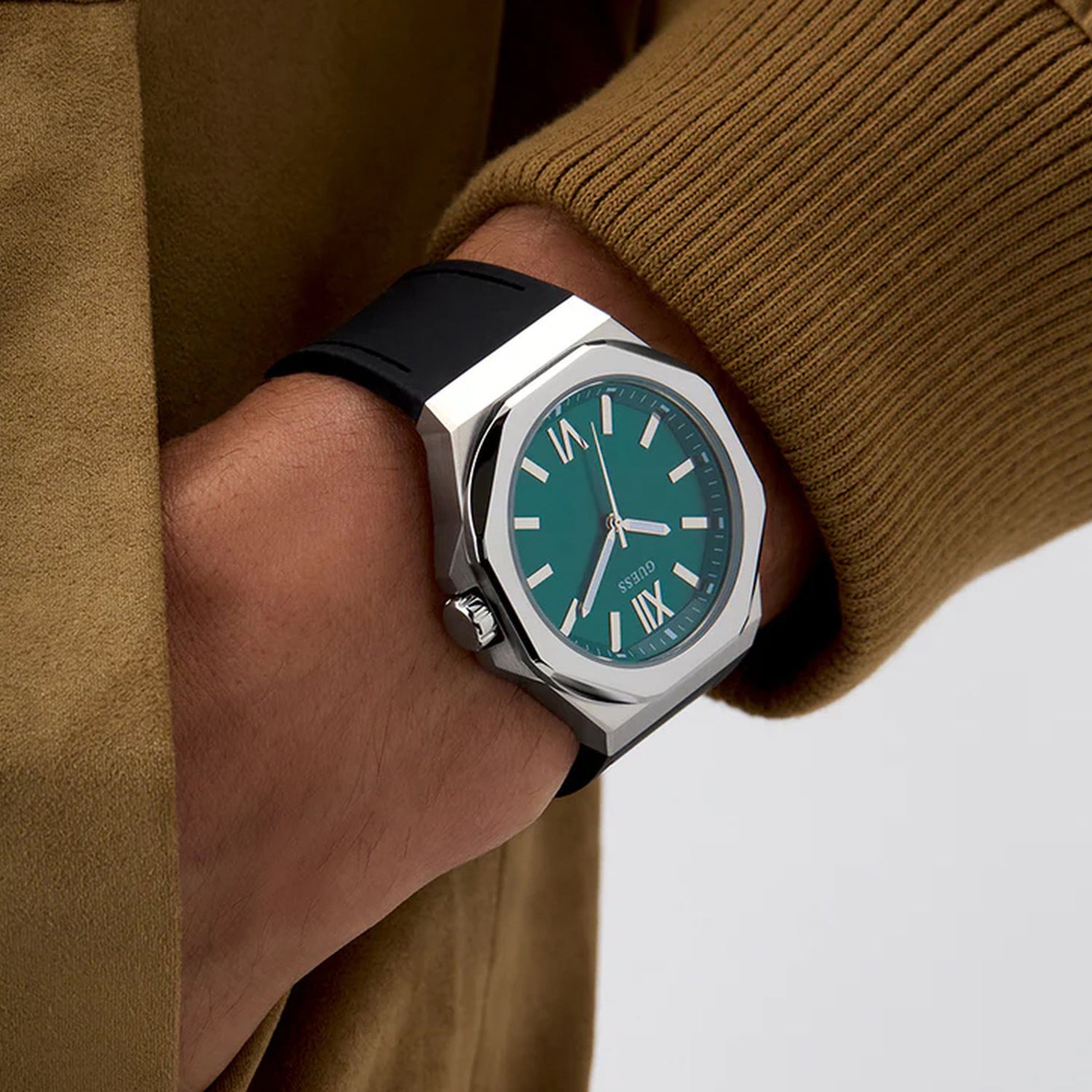 Guess Dress Men Quartz Green Dial Analog Silicone Watch GW0850G1