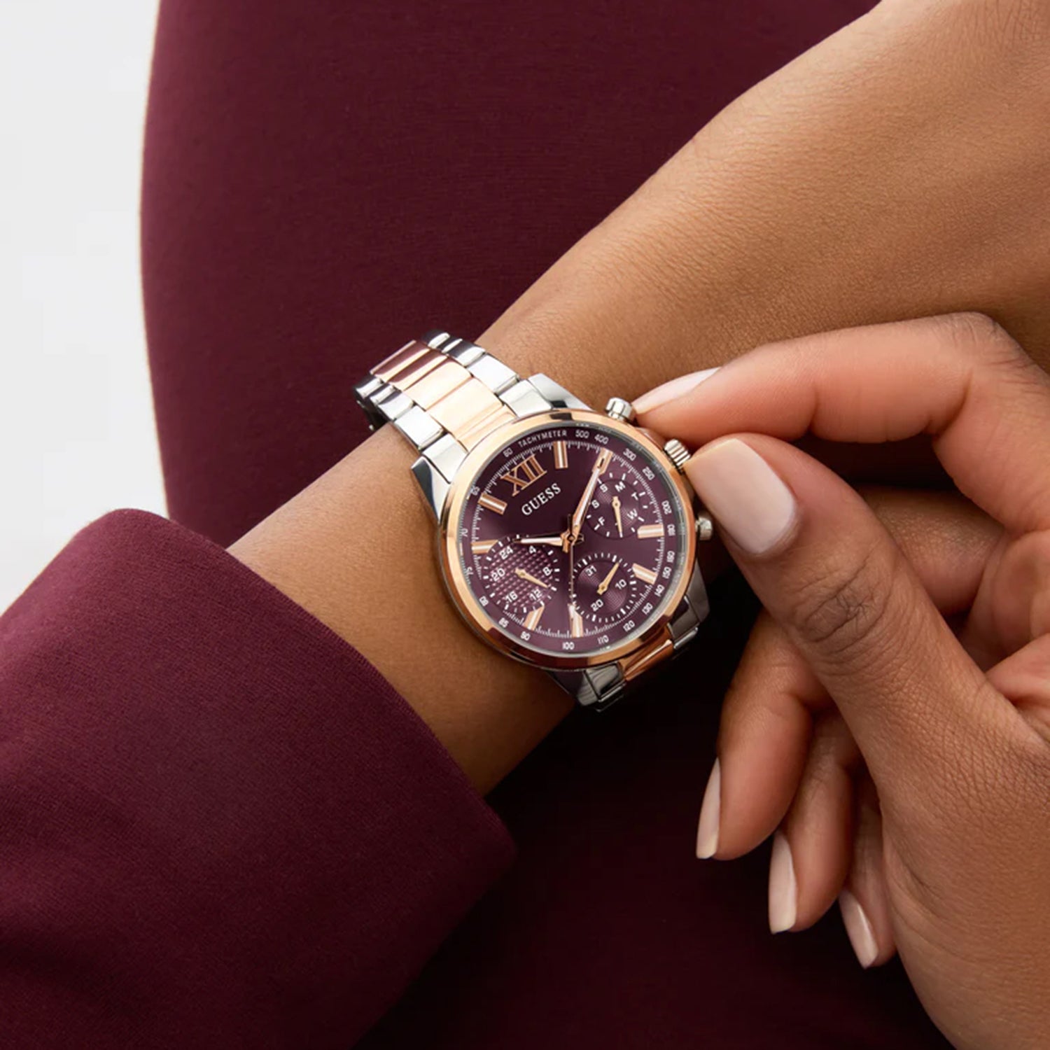 Guess Dress Women Quartz Red Dial Multi-Function Stainless Steel Watch GW0933L5