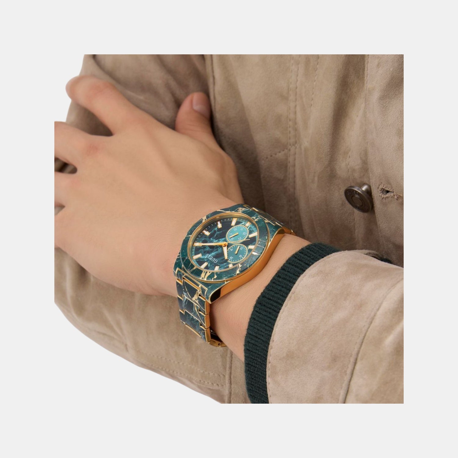 Flash Men Quartz Green Dial Multi-Function Stainless Steel Watch GW0953G1