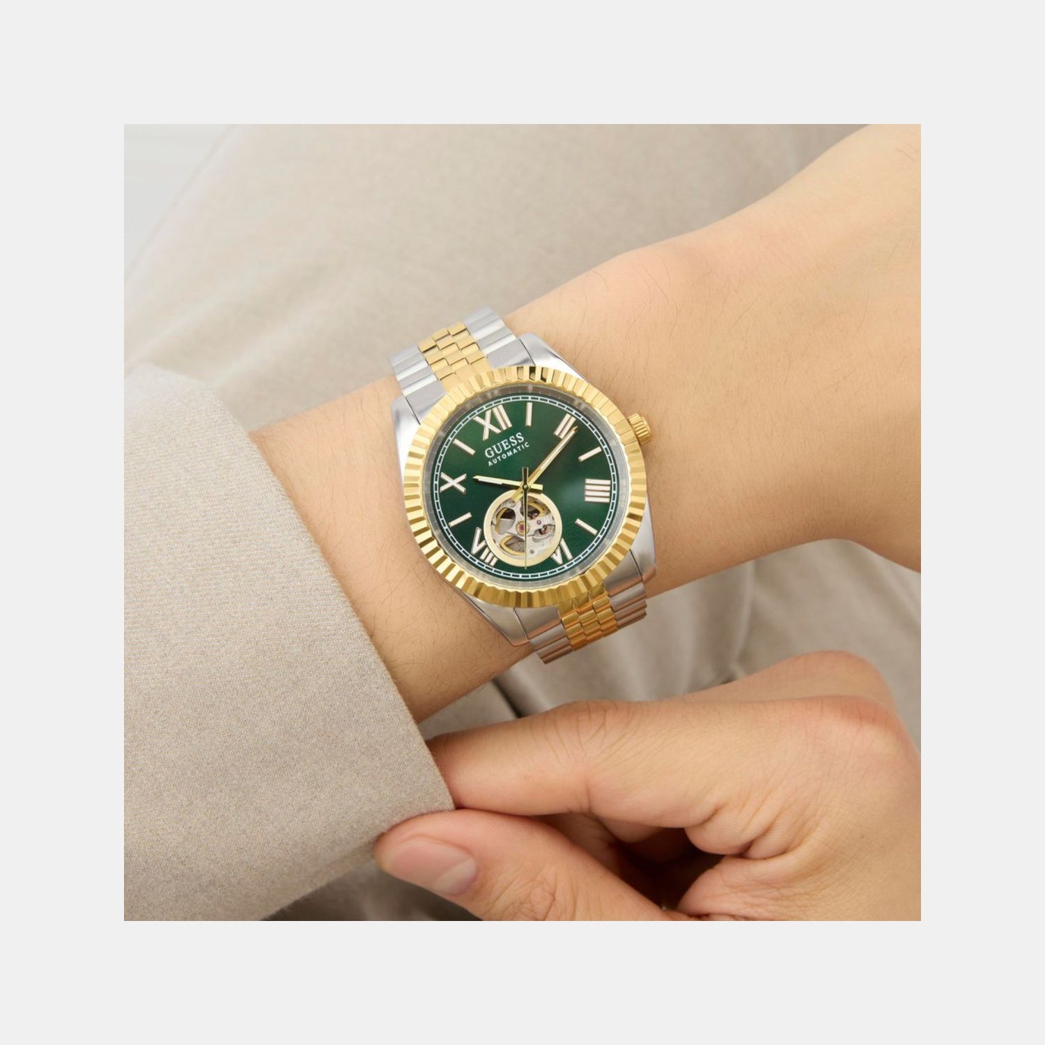 Dress Men Automatic Green Dial Analog Recycled Steel Watch GW0984G4