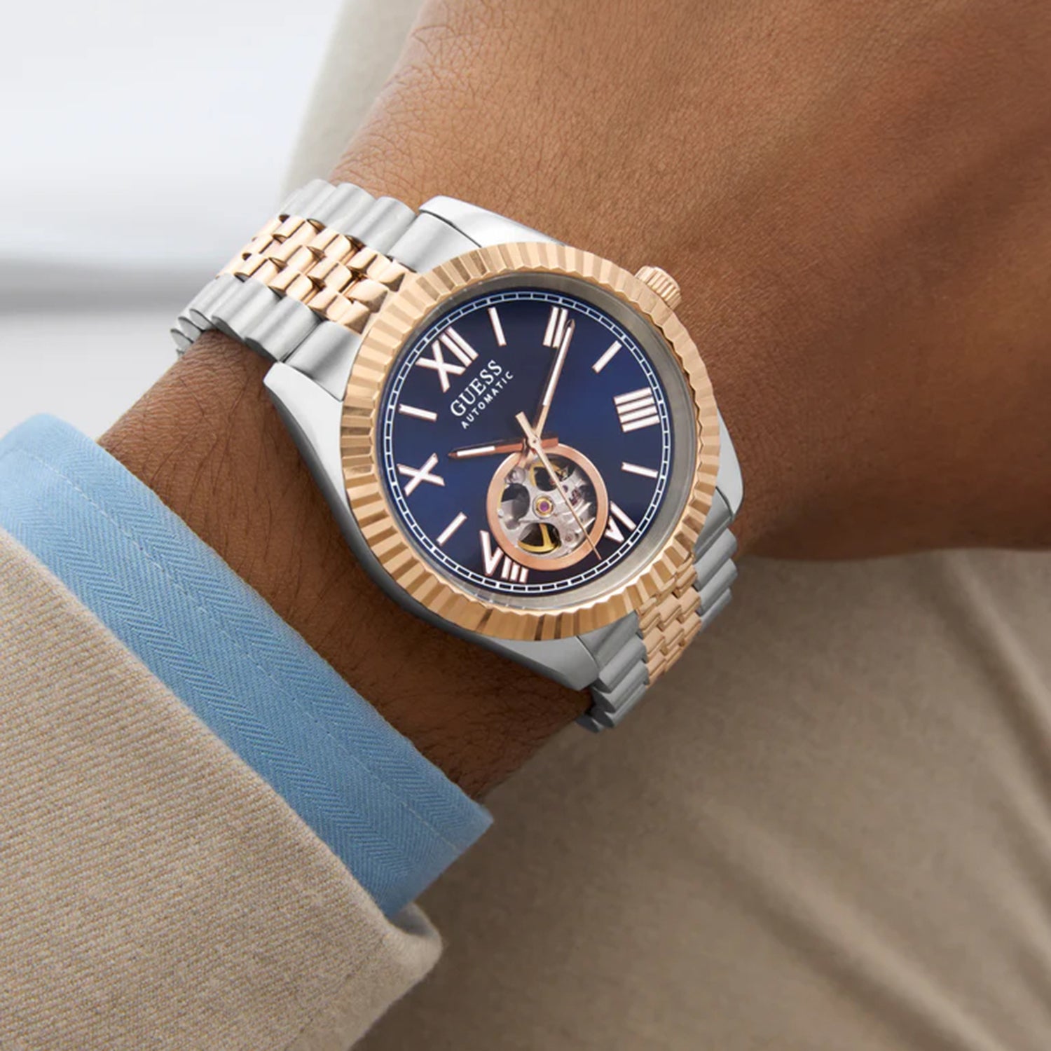 Dress Men Automatic Blue Dial Analog Recycled Steel Watch GW0984G5