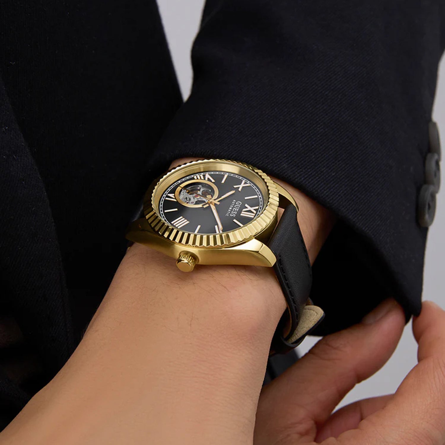 Guess Dress Men Automatic Black Dial Analog Leather Watch GW0985G2