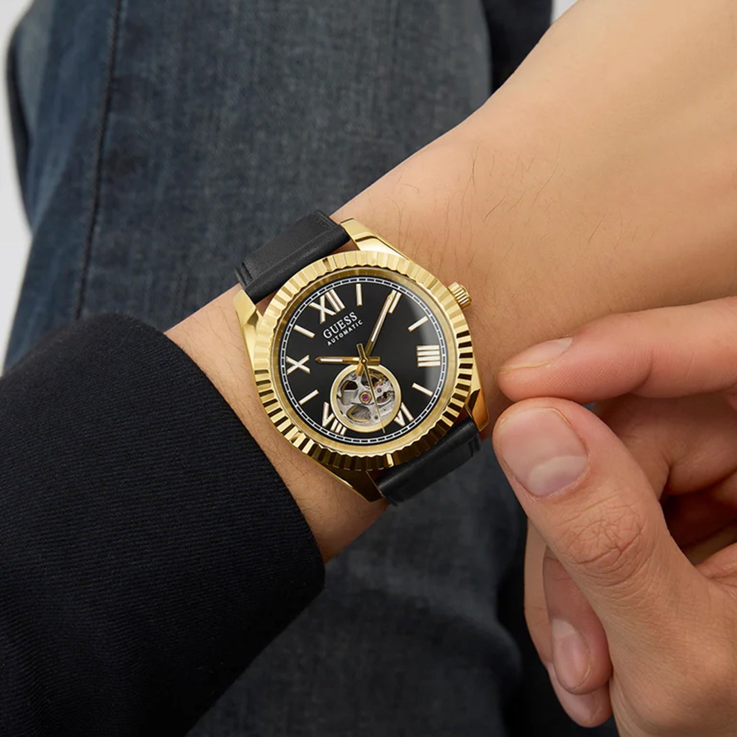 Guess Dress Men Automatic Black Dial Analog Leather Watch GW0985G2