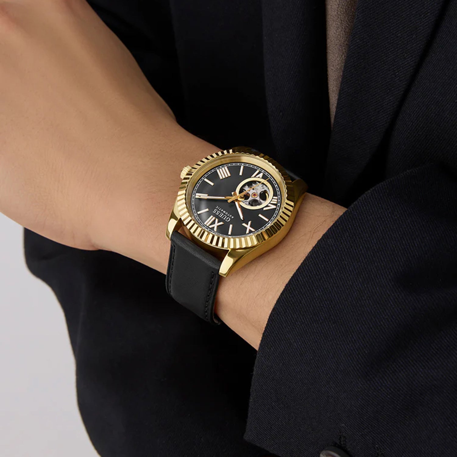 Guess Dress Men Automatic Black Dial Analog Leather Watch GW0985G2