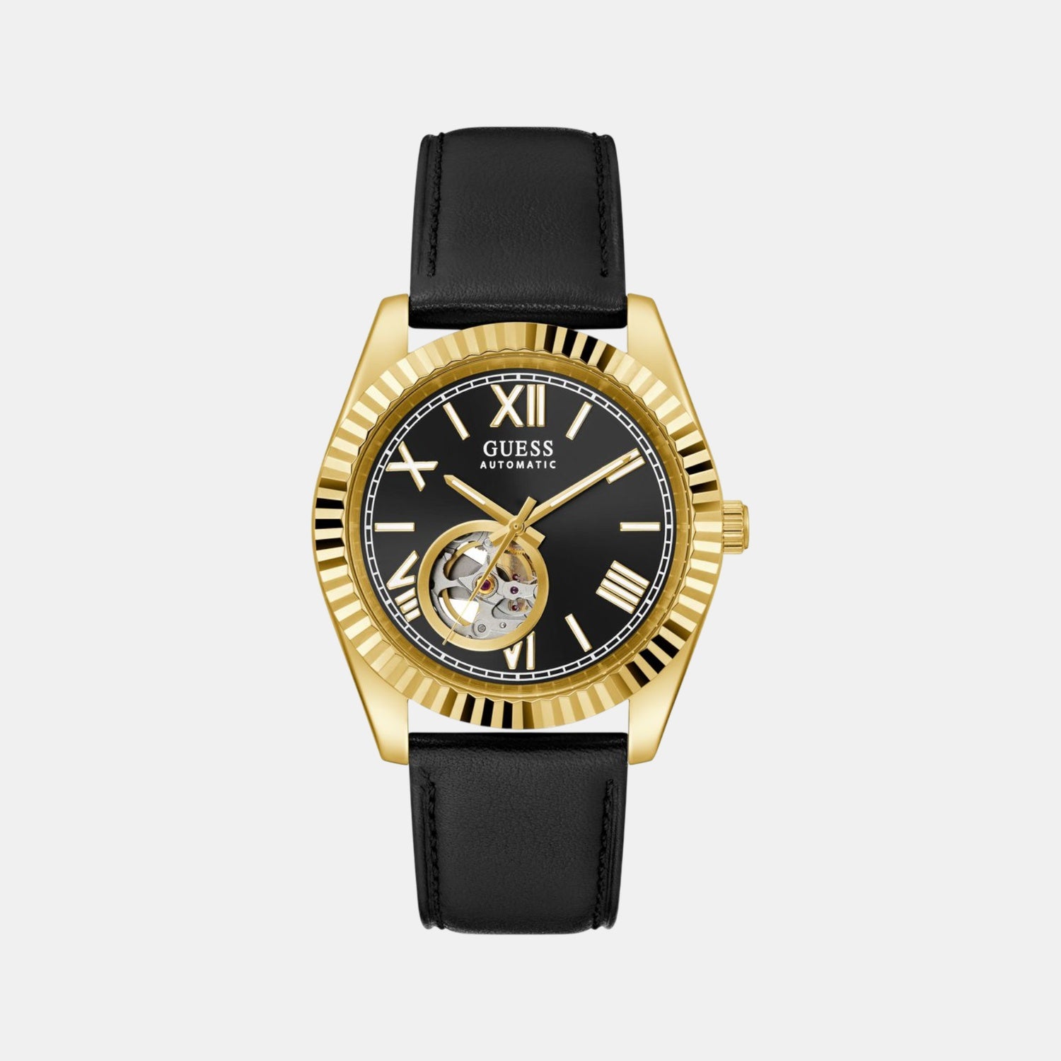 Dress Men Automatic Black Dial Analog Leather Watch GW0985G2