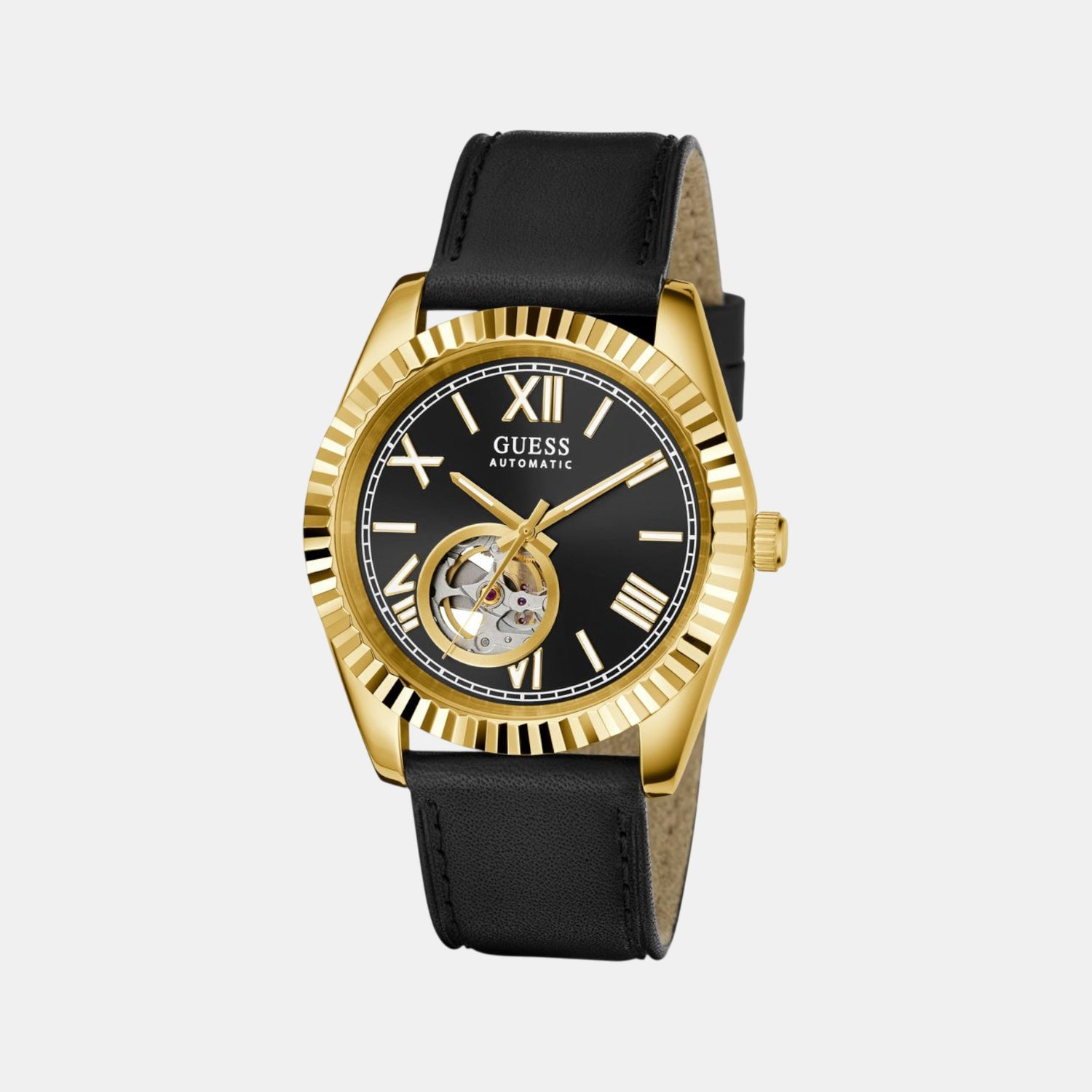 Dress Men Automatic Black Dial Analog Leather Watch GW0985G2