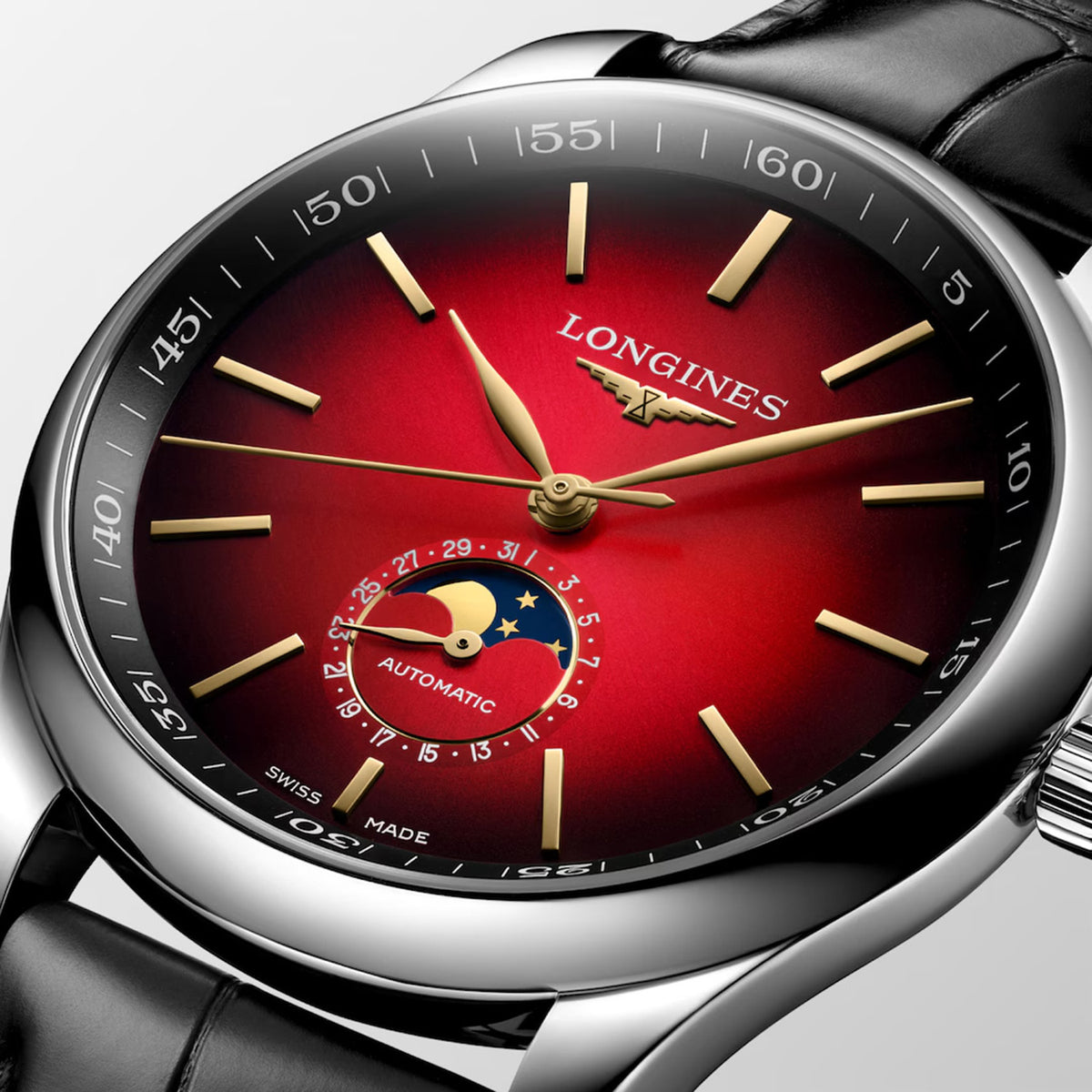 Master Collection Moonphase Men Automatic Red Dial Analog Leather Watch L29194092