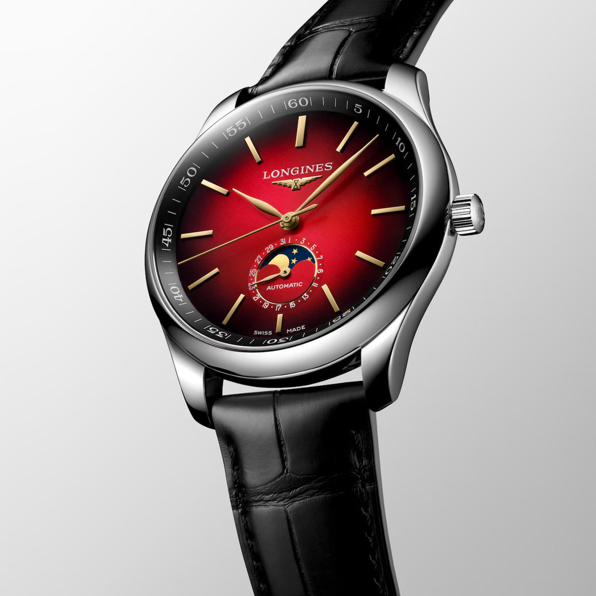 Master Collection Moonphase Men Automatic Red Dial Analog Leather Watch L29194092