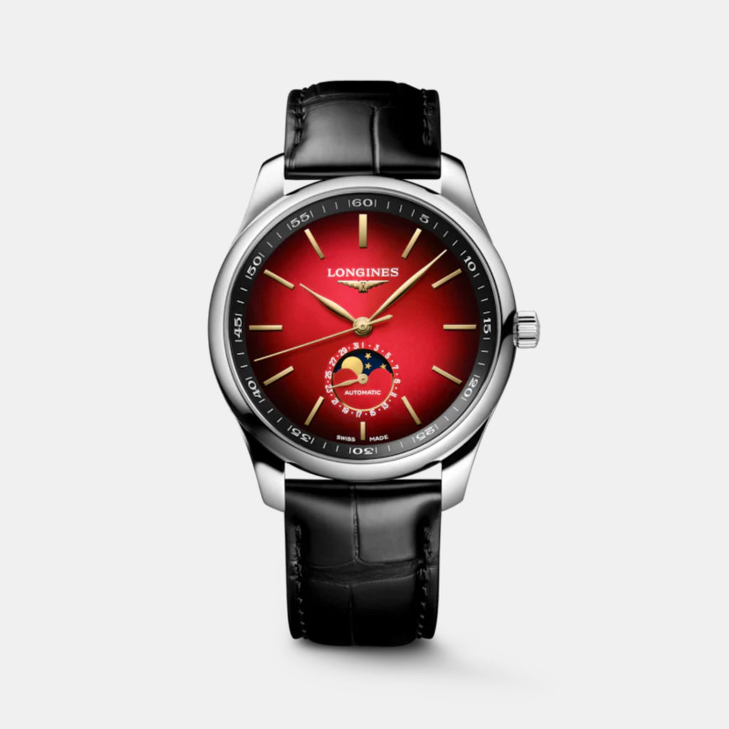 Master Collection Moonphase Men Automatic Red Dial Analog Leather Watch L29194092