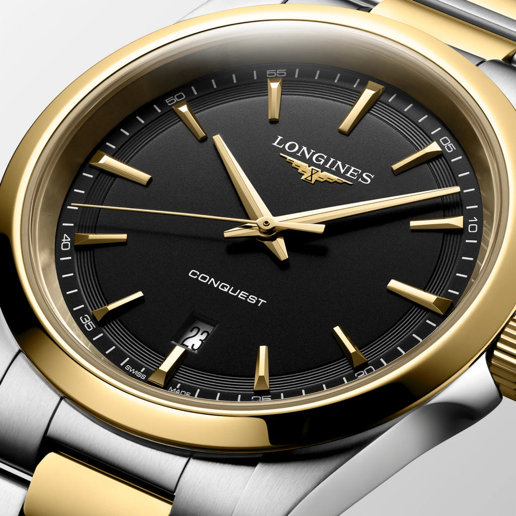 Conquest Men Quartz Black Dial Analog Stainless Steel Watch L38603527