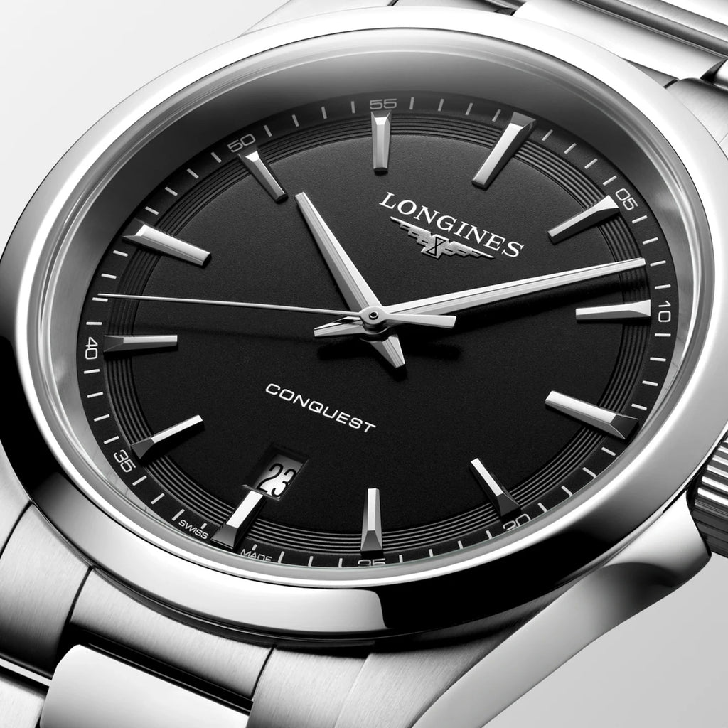 Conquest Men Quartz Black Dial Analog Stainless Steel Watch L38604526
