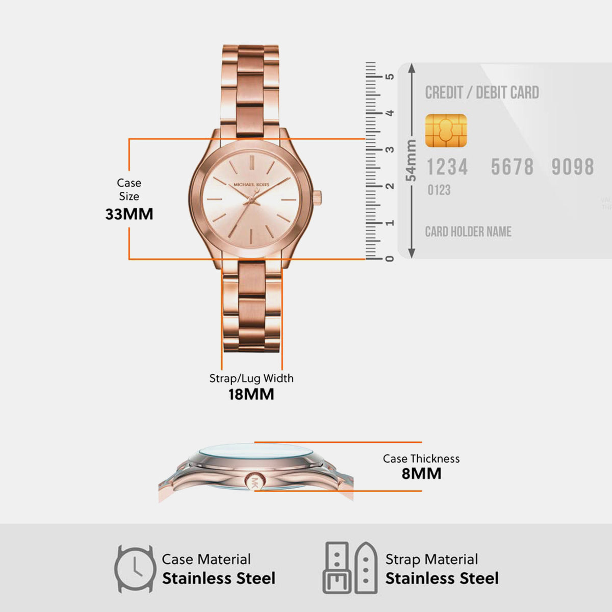 Mini Slim Runway Women Quartz Rose Gold Dial Analog Stainless Steel Watch MK3513