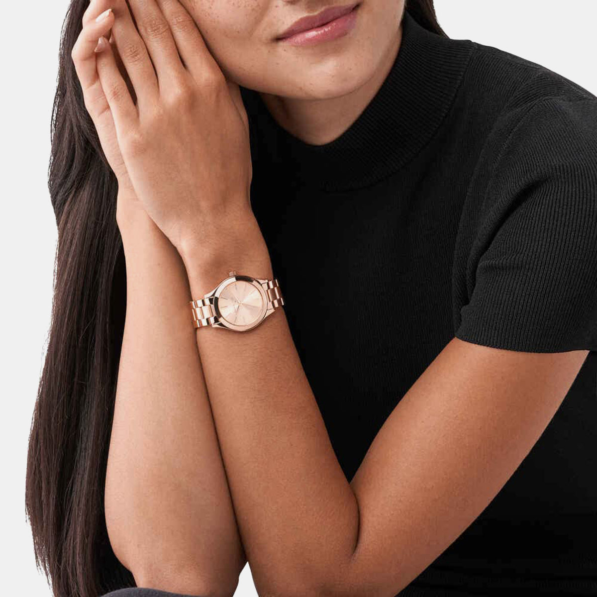 Mini Slim Runway Women Quartz Rose Gold Dial Analog Stainless Steel Watch MK3513