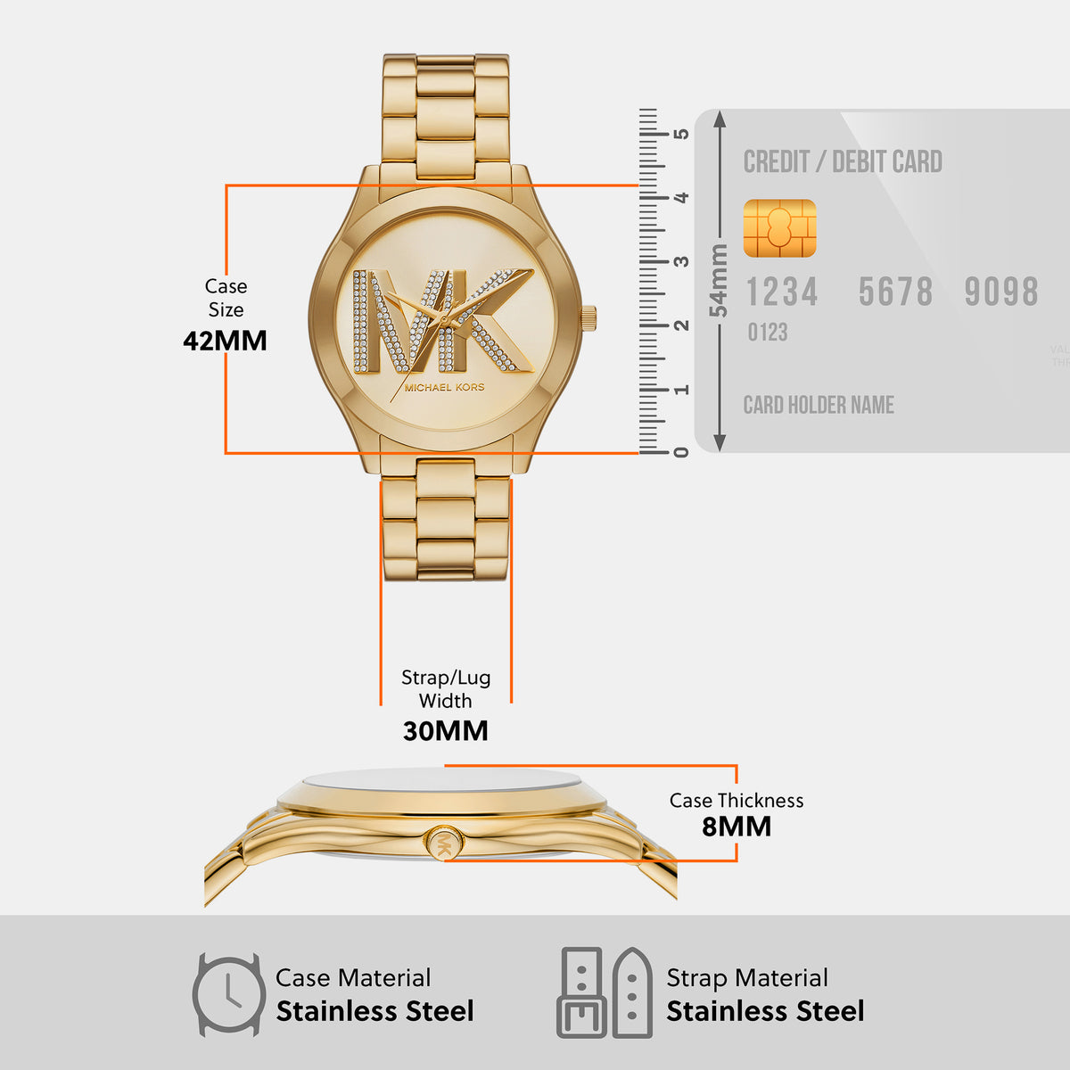 Slim Runway Women Quartz Gold Dial Analog Stainless Steel Watch MK4732