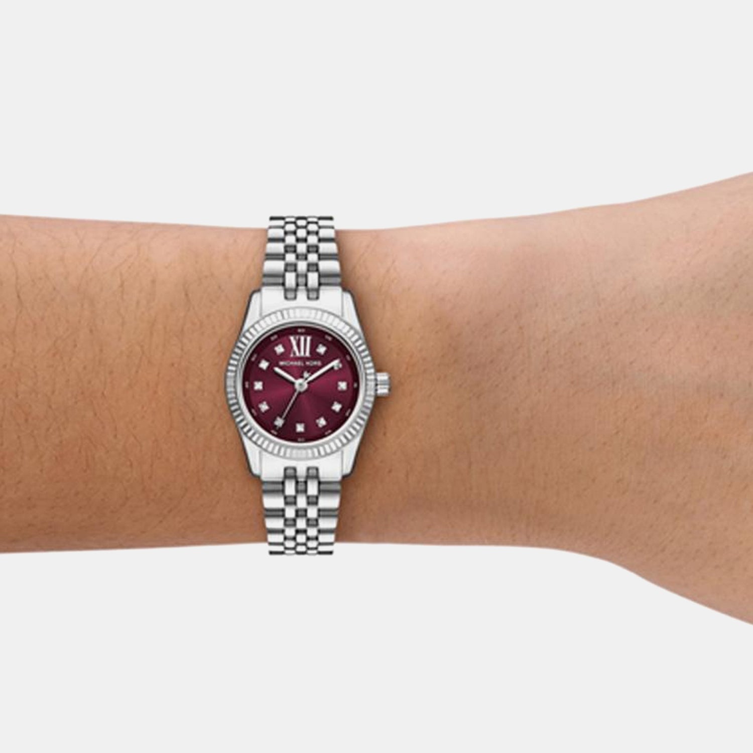 Mini Lexington Pave Women Quartz Burgundy Dial Analog Stainless Steel Watch MK4968