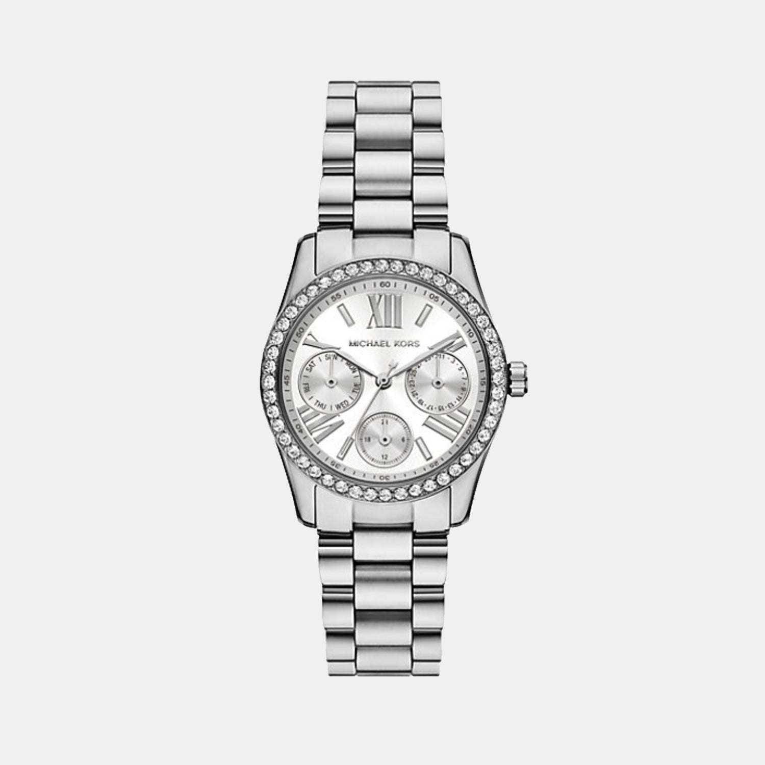 Mini Lexington Pave Women Quartz Silver Dial Multi-Function Stainless Steel Watch MK4979