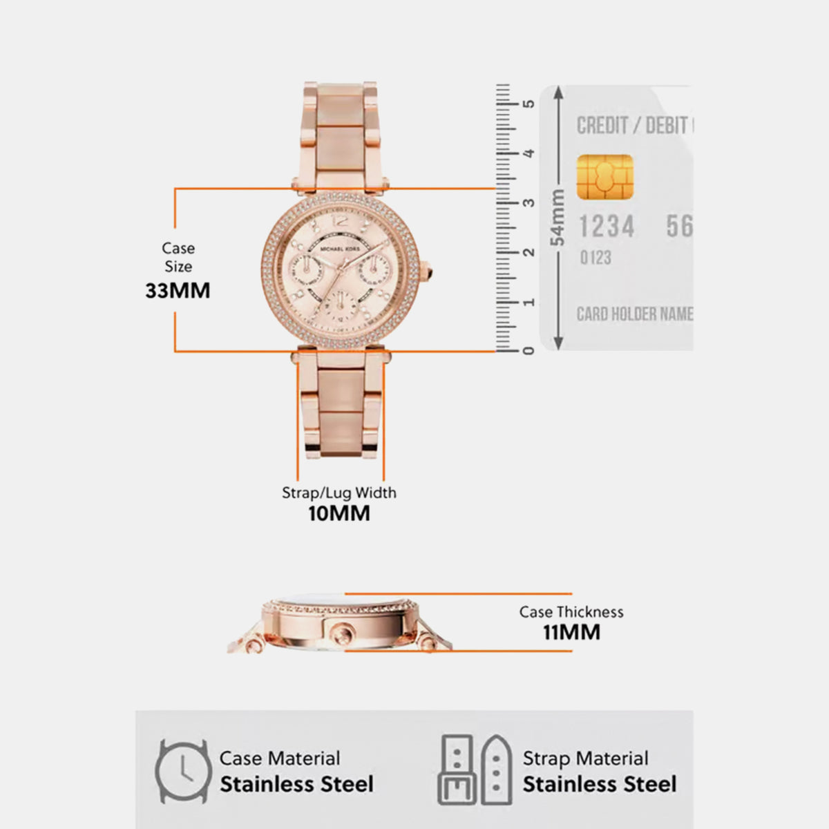 Mini Parker Women Quartz Rose Gold Dial Multi-Function Stainless Steel Watch MK6110