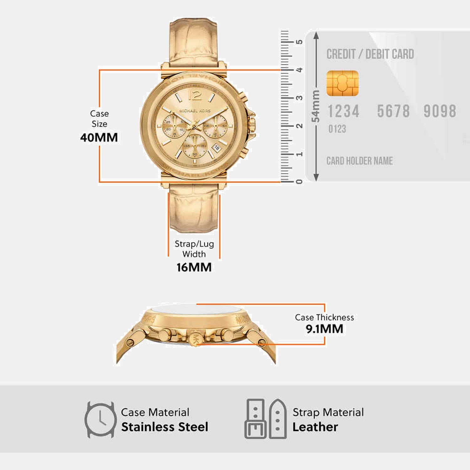 Maren Women Quartz Gold Dial Chronograph Leather Watch MK7508