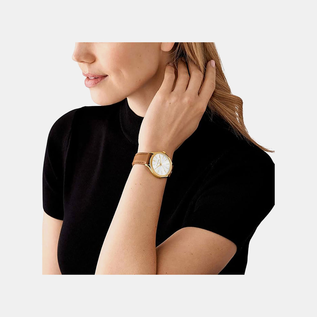 Slim Runway Women Quartz White Dial Analog Leather Watch MK7543