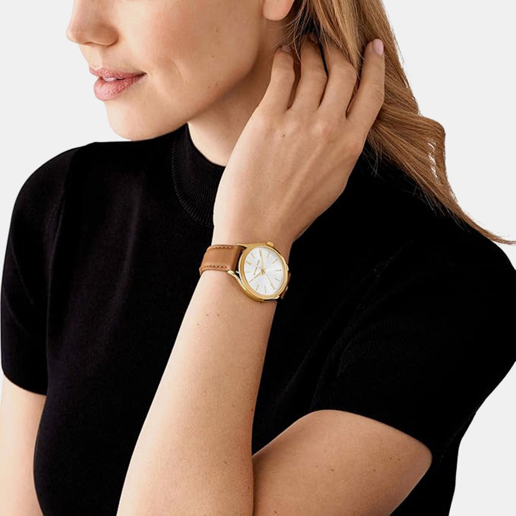 Slim Runway Women Quartz White Dial Analog Leather Watch MK7543
