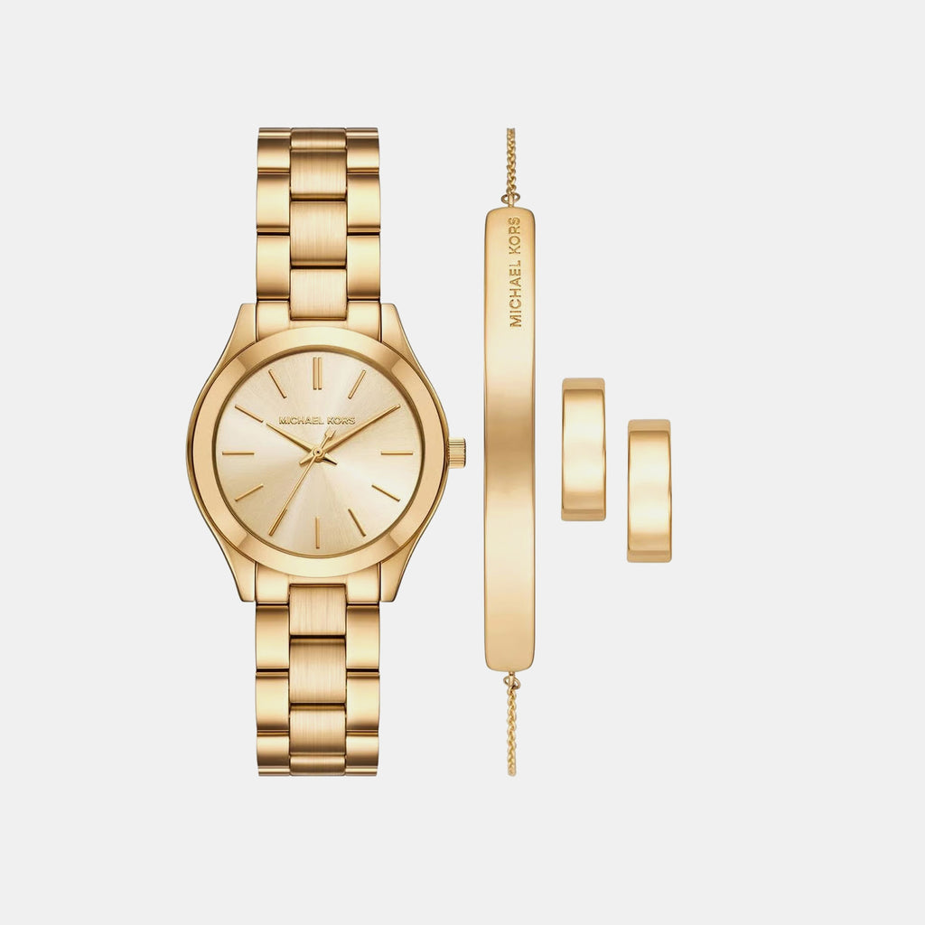 Slim Runway Women Quartz Gold Dial Analog Stainless Steel Watch MK7561SET