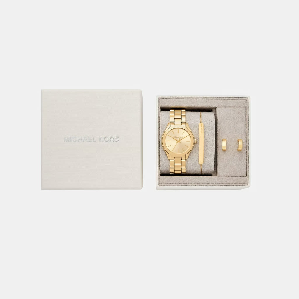 Slim Runway Women Quartz Gold Dial Analog Stainless Steel Watch MK7561SET