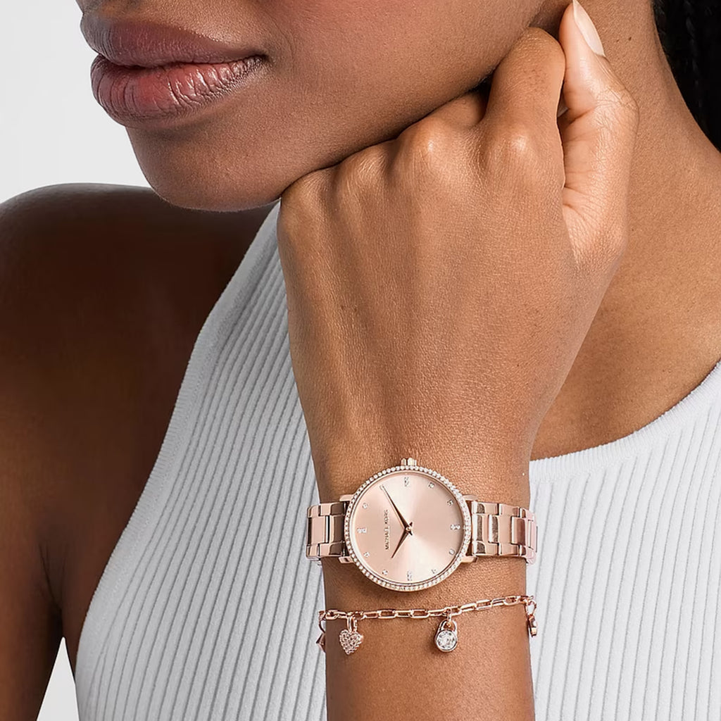 Pyper Pave Women Quartz Rose Gold Dial Analog Stainless Steel Watch MK7645SET