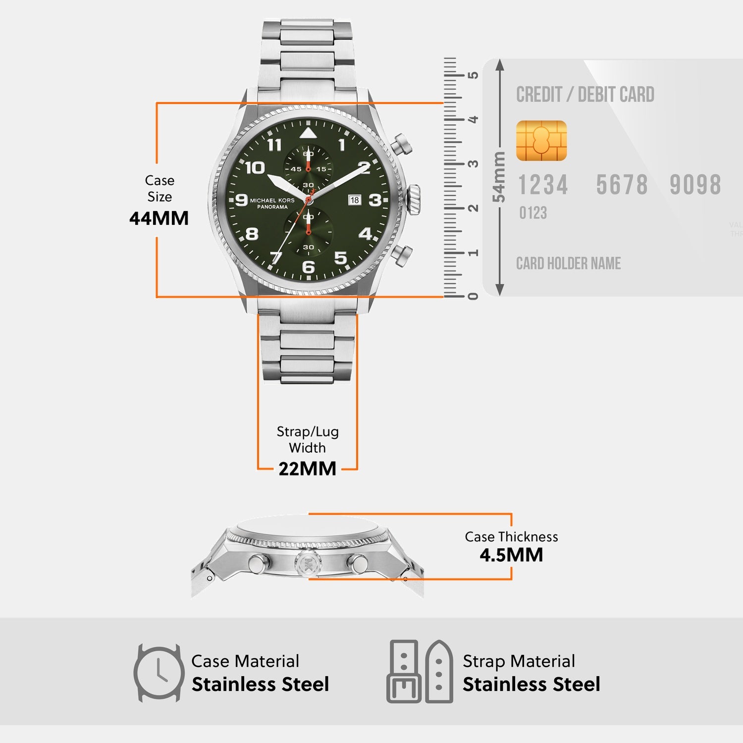 Panorama Men Quartz Green Dial Chronograph Stainless Steel Watch MK9196