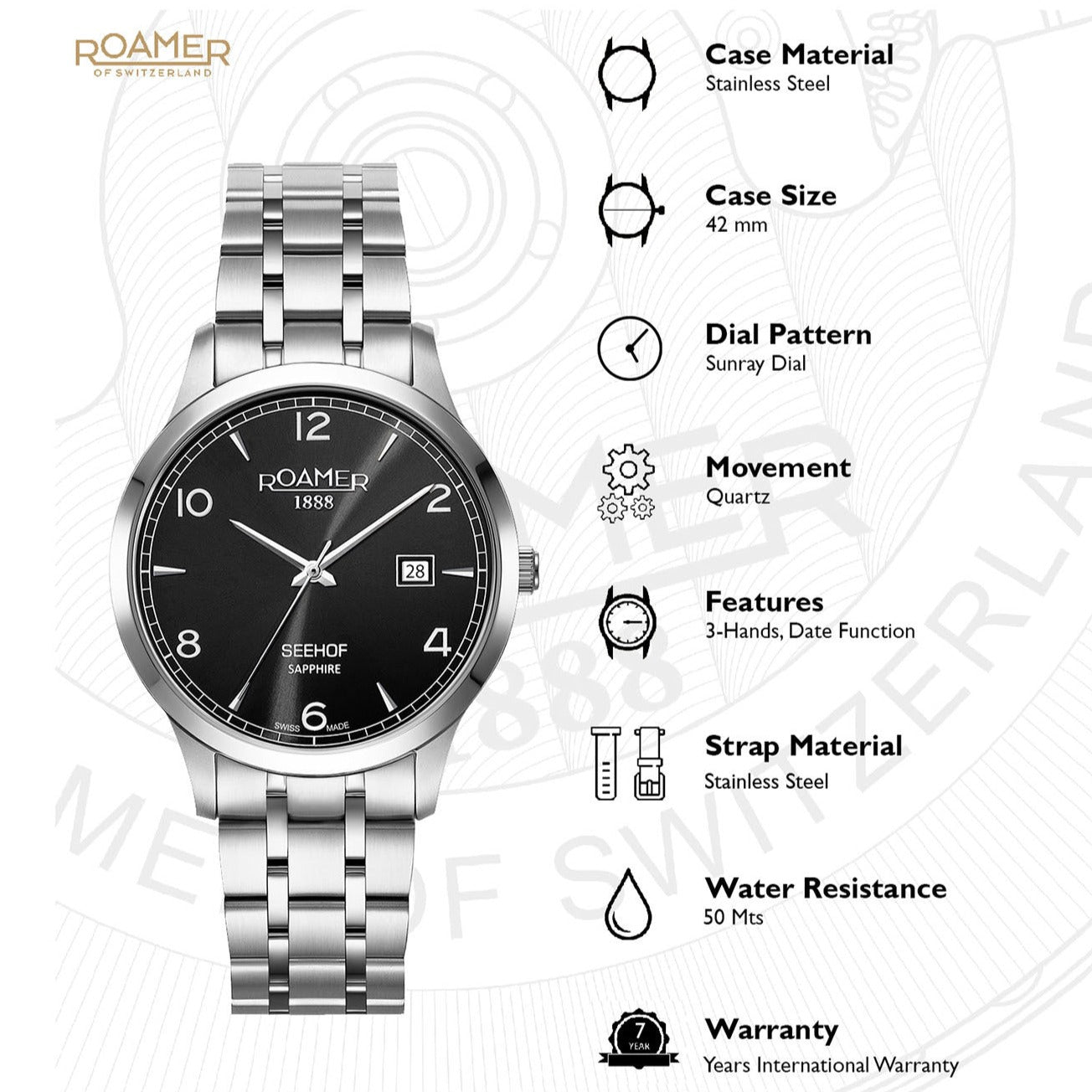 Seehof Men Quartz Black Dial Analog Stainless Steel Watch 509833 41 54 20