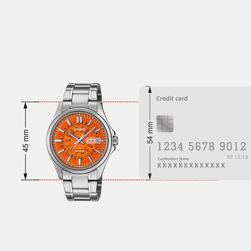 Men Quartz Orange Dial Analog Stainless Steel Watch A2582